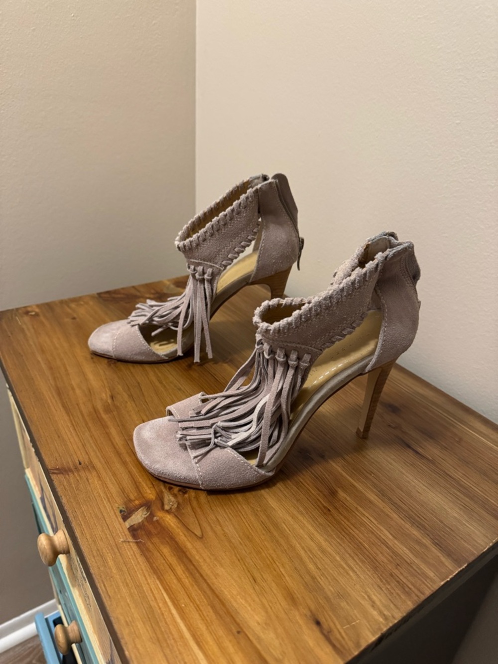 Chinese Laundry- Fringed Suede High Heel Sandals - Taupe -4in heel.